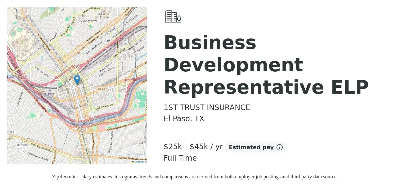 1ST TRUST INSURANCE job posting for a Business Development Representative ELP in El Paso, TX with a salary of $25,000 to $45,000 Yearly with a map of El Paso location.
