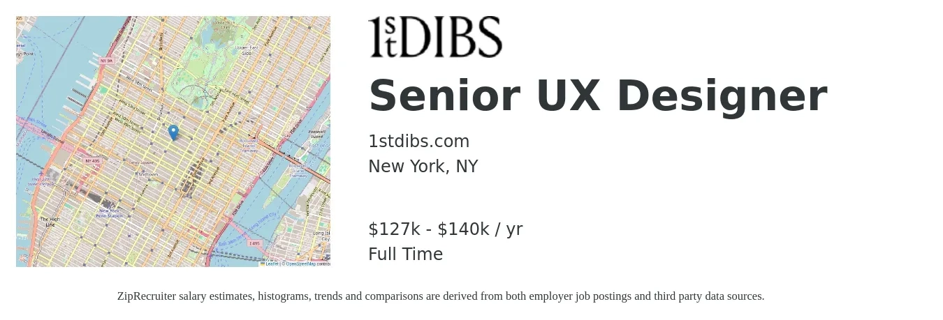 1stdibs.com job posting for a Senior UX Designer in New York, NY with a salary of $127,500 to $140,000 Yearly with a map of New York location.