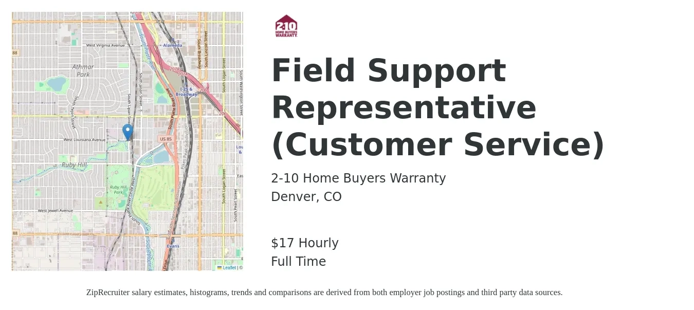 2-10 Home Buyers Warranty job posting for a Field Support Representative (Customer Service) in Denver, CO with a salary of $19 Hourly with a map of Denver location.