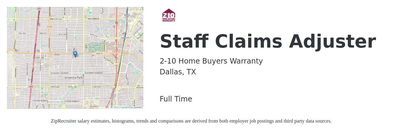 2-10 Home Buyers Warranty job posting for a Staff Claims Adjuster in Dallas, TX with a salary of $55,000 to $70,000 Yearly with a map of Dallas location.