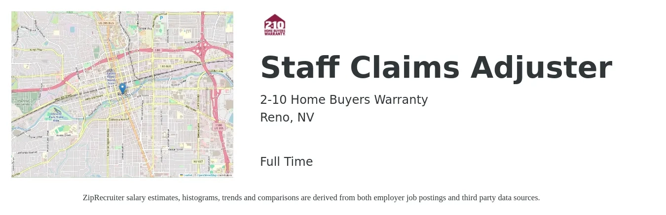2-10 Home Buyers Warranty job posting for a Staff Claims Adjuster in Reno, NV with a salary of $55,000 to $70,000 Yearly with a map of Reno location.