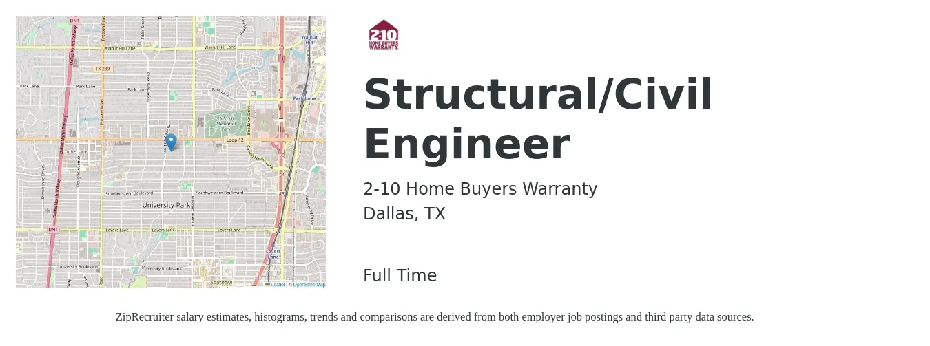 2-10 Home Buyers Warranty job posting for a Structural/Civil Engineer in Dallas, TX with a salary of $85,000 to $115,000 Yearly with a map of Dallas location.