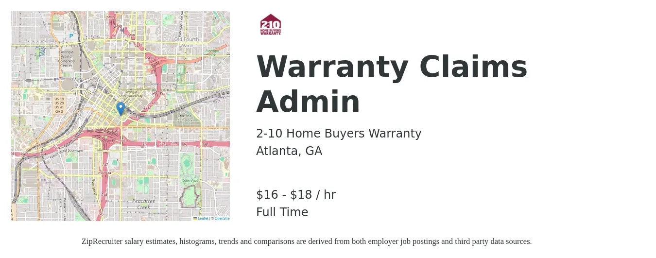 2-10 Home Buyers Warranty job posting for a Warranty Claims Admin in Atlanta, GA with a salary of $17 to $19 Hourly with a map of Atlanta location.