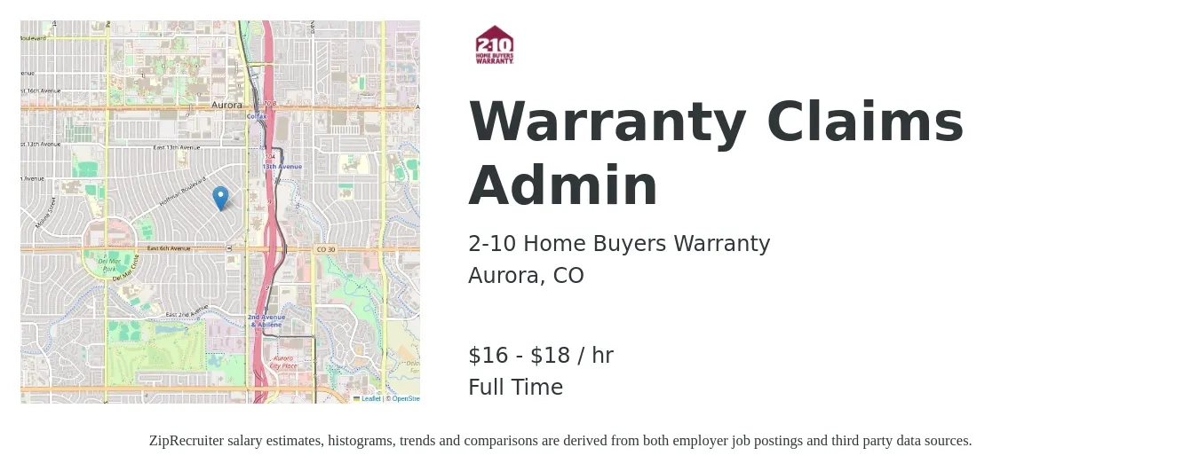 2-10 Home Buyers Warranty job posting for a Warranty Claims Admin in Aurora, CO with a salary of $17 to $19 Hourly with a map of Aurora location.