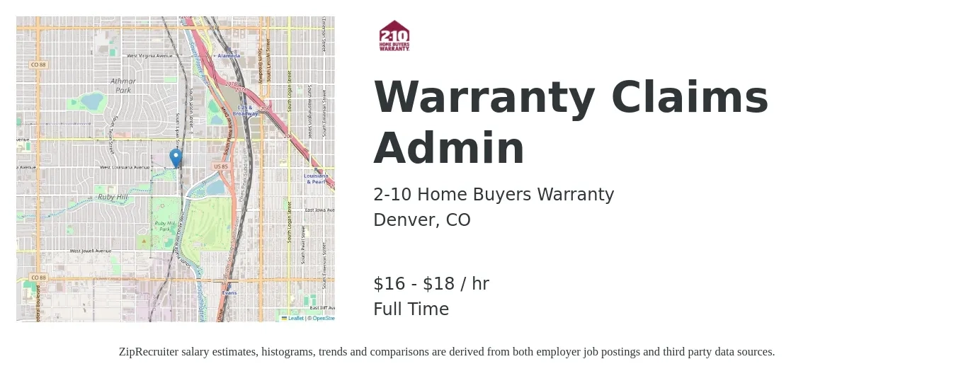 2-10 Home Buyers Warranty job posting for a Warranty Claims Admin in Denver, CO with a salary of $17 to $19 Hourly with a map of Denver location.