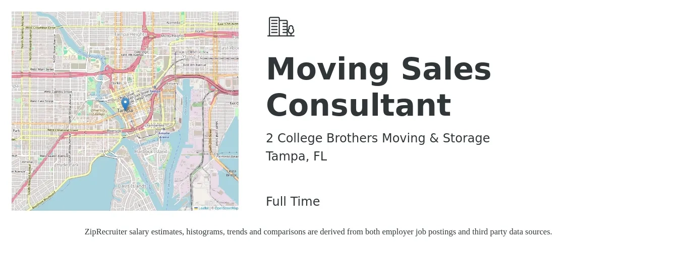 2 College Brothers Moving & Storage job posting for a Moving Sales Consultant in Tampa, FL with a salary of $38,300 to $75,100 Yearly with a map of Tampa location.