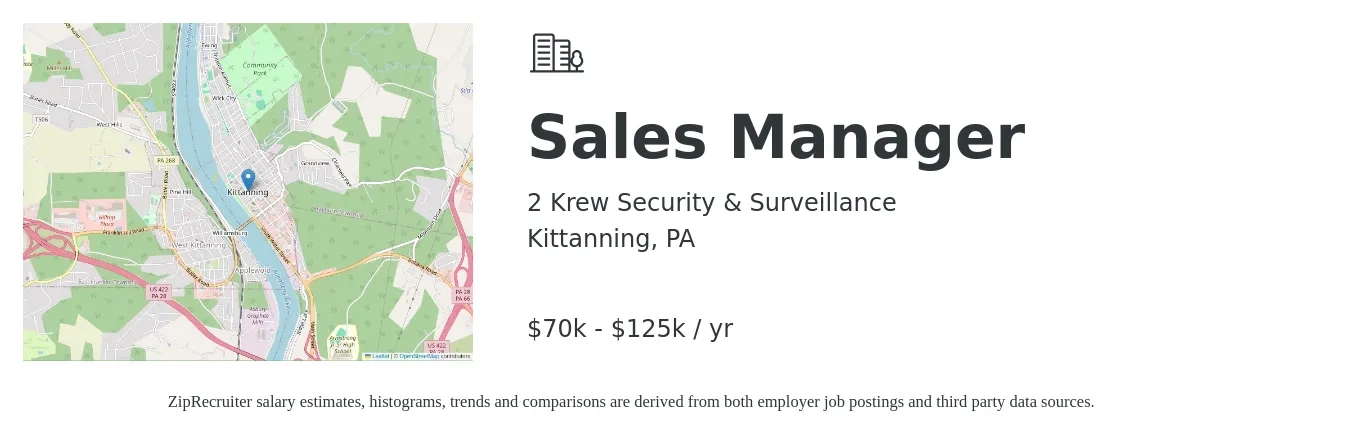 2 Krew Security & Surveillance job posting for a Sales Manager in Kittanning, PA with a salary of $70,000 to $80,000 Yearly with a map of Kittanning location.