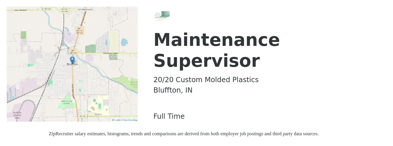 20/20 Custom Molded Plastics job posting for a Maintenance Assistant Manager in Bluffton, IN with a salary of $500 Weekly with a map of Bluffton location.