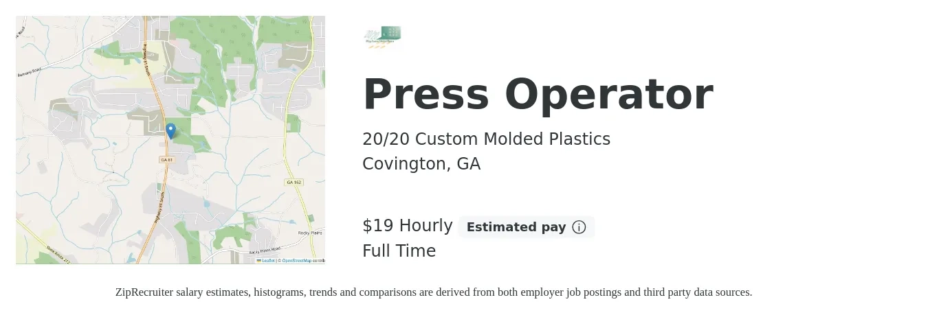 20/20 Custom Molded Plastics job posting for a Press Operator in Covington, GA with a salary of $20 Hourly with a map of Covington location.
