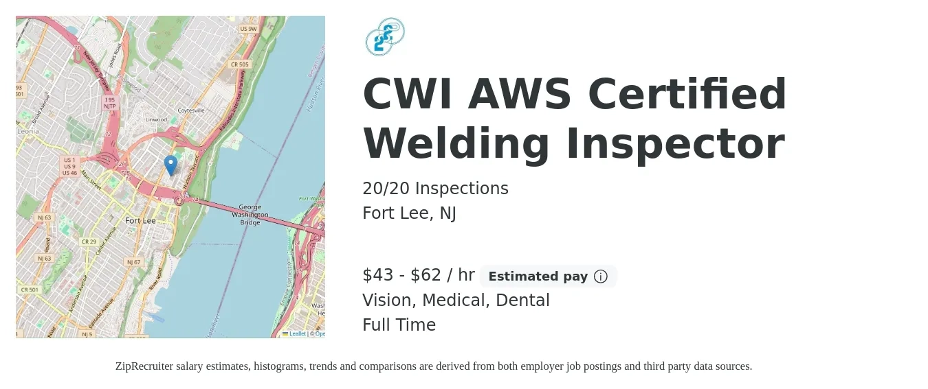 20/20 Inspections job posting for a CWI AWS Certified Welding Inspector in Fort Lee, NJ with a salary of $45 to $65 Hourly and benefits including medical, pto, retirement, vision, and dental with a map of Fort Lee location.