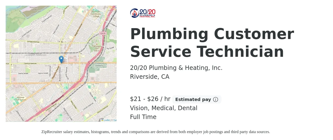 20/20 Plumbing & Heating, Inc. job posting for a Plumbing Customer Service Technician in Riverside, CA with a salary of $22 to $28 Hourly and benefits including dental, life_insurance, medical, retirement, and vision with a map of Riverside location.