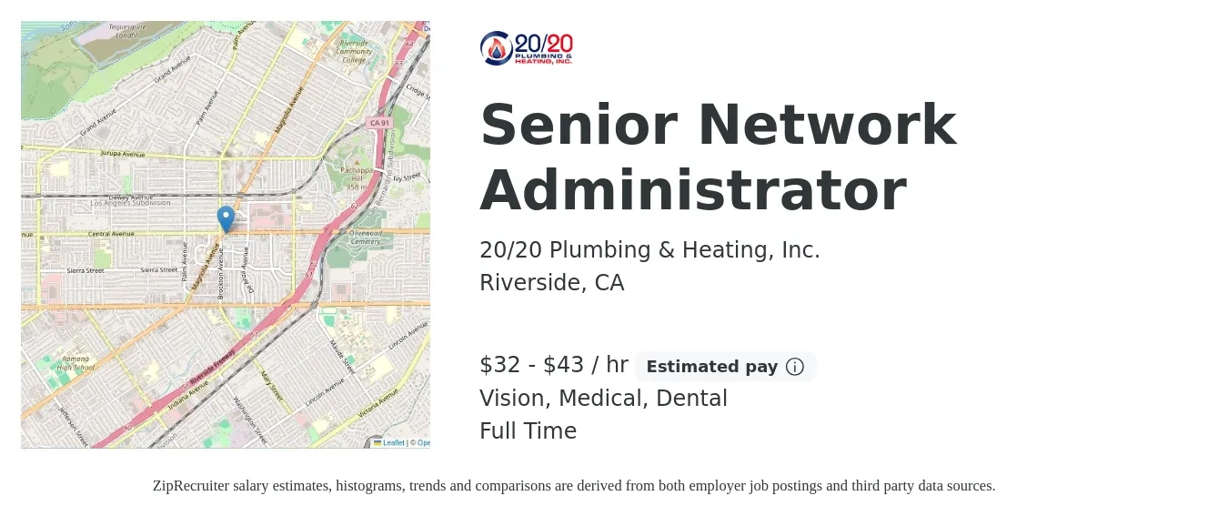 20/20 Plumbing & Heating, Inc. job posting for a Senior Network Administrator in Riverside, CA with a salary of $34 to $38 Hourly and benefits including dental, life_insurance, medical, retirement, and vision with a map of Riverside location.