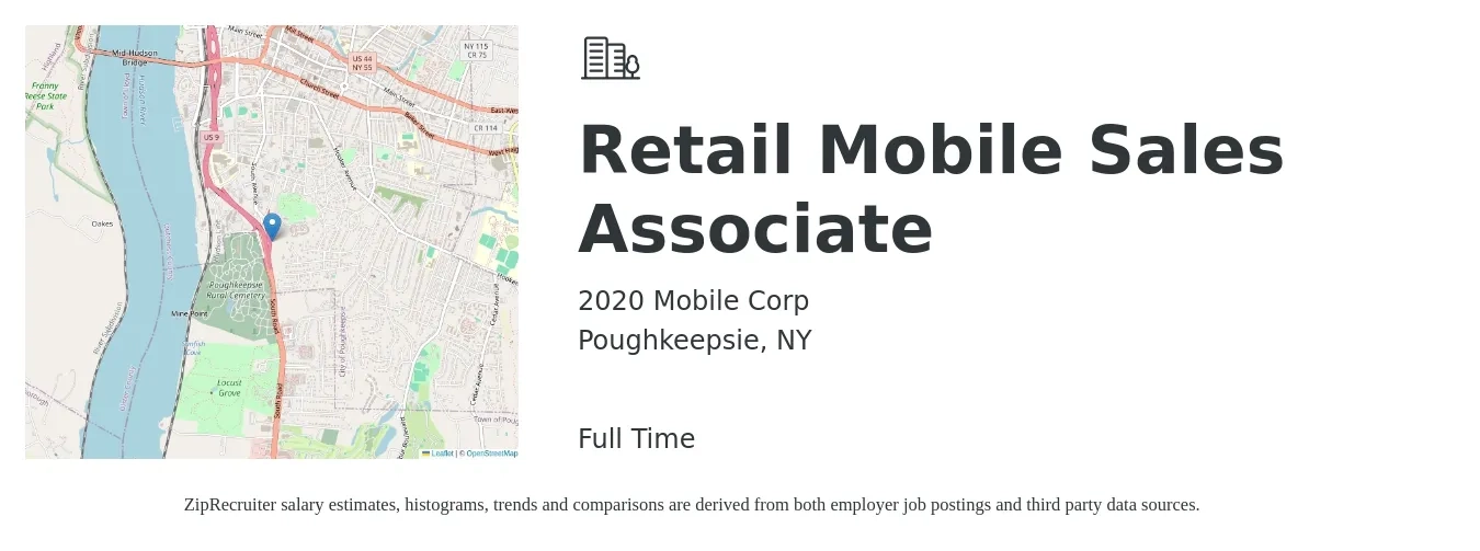 2020 Mobile Corp job posting for a Retail Mobile Sales Associate in Poughkeepsie, NY with a salary of $16 to $17 Hourly with a map of Poughkeepsie location.