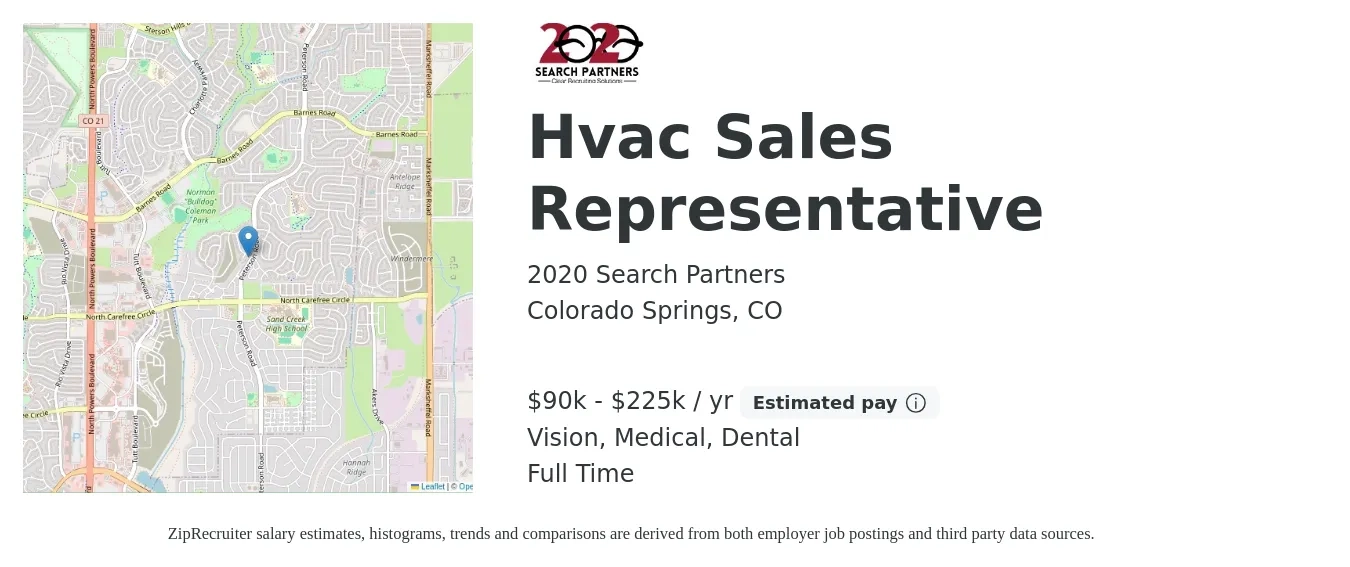 2020 Search Partners job posting for a Hvac Sales Representative in Colorado Springs, CO with a salary of $90,000 to $225,000 Yearly and benefits including life_insurance, medical, pto, retirement, vision, and dental with a map of Colorado Springs location.