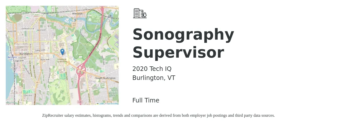 2020 Tech IQ job posting for a Sonography Supervisor in Burlington, VT with a salary of $37 to $49 Hourly with a map of Burlington location.