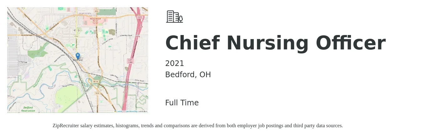 2021 job posting for a Chief Nursing Officer in Bedford, OH with a salary of $115,500 to $158,600 Yearly with a map of Bedford location.