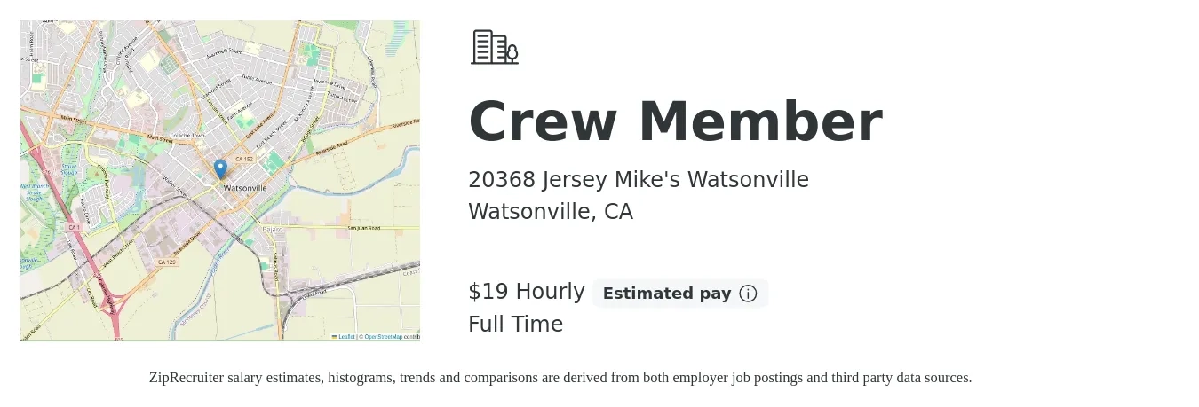 20368 Jersey Mike's Watsonville job posting for a Crew Member in Watsonville, CA with a salary of $20 to $21 Hourly with a map of Watsonville location.