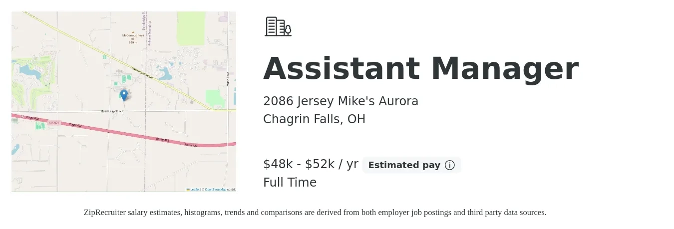 2086 Jersey Mike's Aurora job posting for a Assistant Manager in Chagrin Falls, OH with a salary of $48,000 to $52,000 Yearly with a map of Chagrin Falls location.