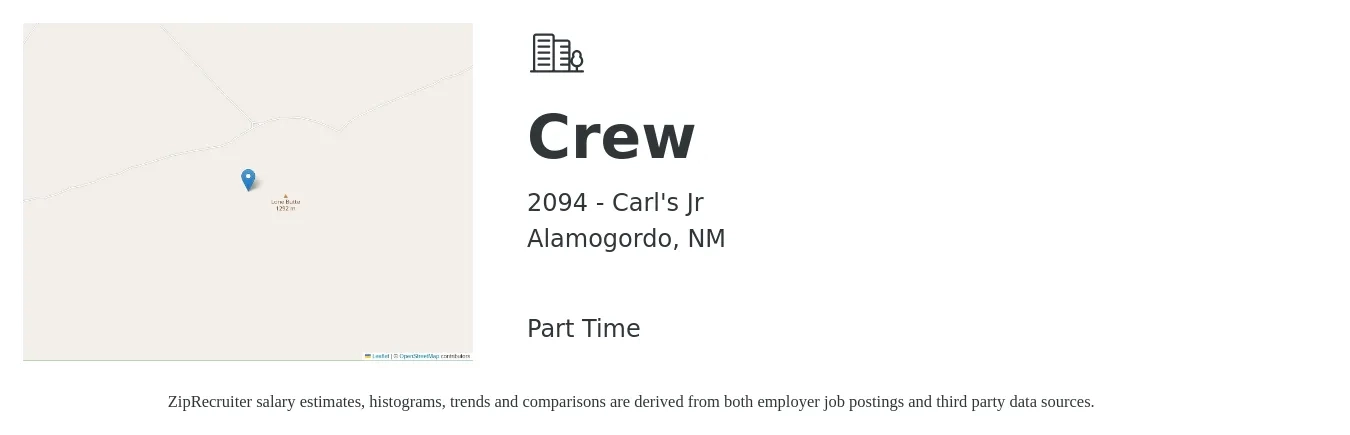 2094 - Carl's Jr job posting for a Crew in Alamogordo, NM with a salary of $10 to $13 Hourly with a map of Alamogordo location.