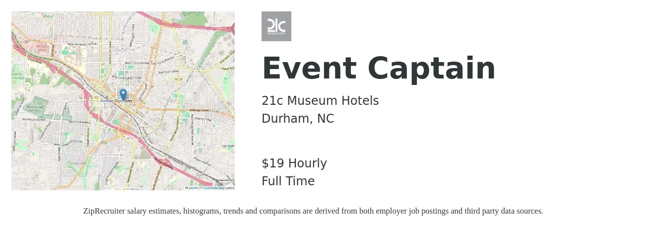 21c Museum Hotels job posting for a Event Captain in Durham, NC with a salary of $20 Hourly with a map of Durham location.