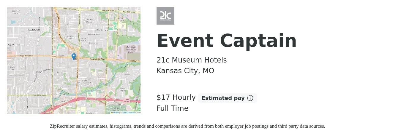21c Museum Hotels job posting for a Event Captain in Kansas City, MO with a salary of $18 Hourly with a map of Kansas City location.