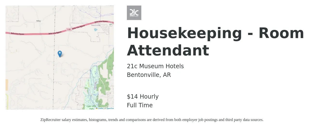 21c Museum Hotels job posting for a Housekeeping - Room Attendant in Bentonville, AR with a salary of $15 Hourly with a map of Bentonville location.
