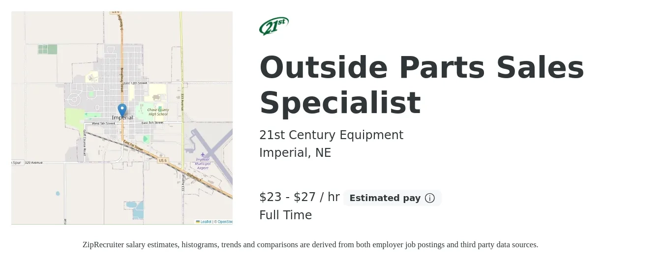 21st Century Equipment job posting for a Outside Parts Sales Specialist in Imperial, NE with a salary of $50,000 to $60,000 Yearly with a map of Imperial location.