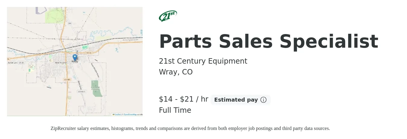 21st Century Equipment job posting for a Parts Sales Specialist in Wray, CO with a salary of $15 to $22 Hourly with a map of Wray location.