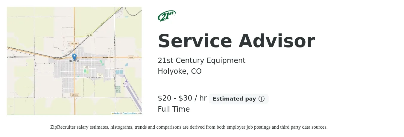 21st Century Equipment job posting for a Service Advisor in Holyoke, CO with a salary of $22 to $31 Hourly with a map of Holyoke location.