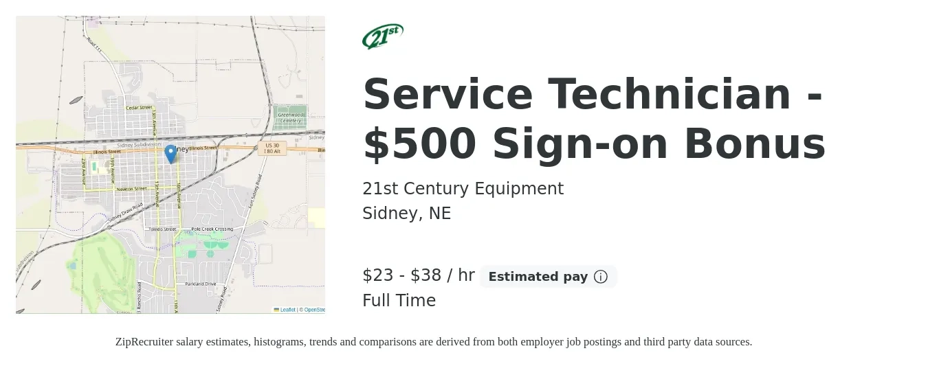 21st Century Equipment job posting for a Service Technician - $500 Sign-on Bonus in Sidney, NE with a salary of $20 to $40 Hourly with a map of Sidney location.