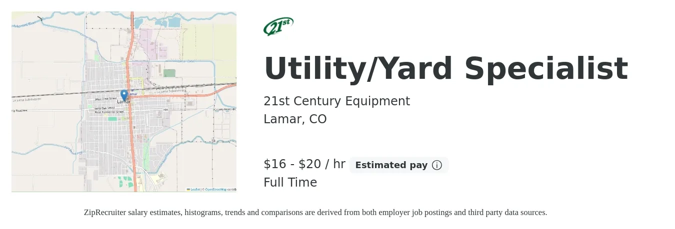 21st Century Equipment job posting for a Utility/Yard Specialist in Lamar, CO with a salary of $17 to $21 Hourly with a map of Lamar location.