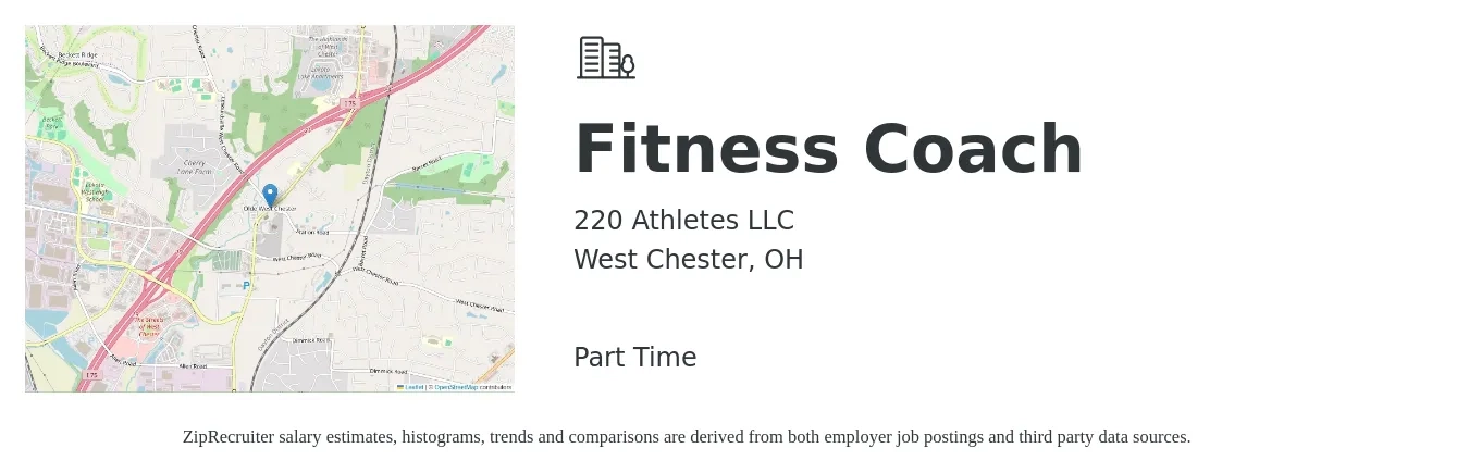 220 Athletes LLC job posting for a Fitness Coach in West Chester, OH with a salary of $18 to $33 Hourly with a map of West Chester location.