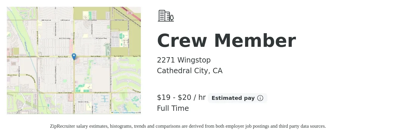 2271 Wingstop job posting for a Crew Member in Cathedral City, CA with a salary of $20 to $21 Hourly with a map of Cathedral City location.