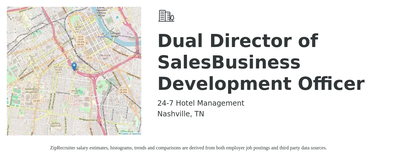 24-7 Hotel Management job posting for a Dual Director of SalesBusiness Development Officer in Nashville, TN with a salary of $53,100 to $94,200 Yearly with a map of Nashville location.