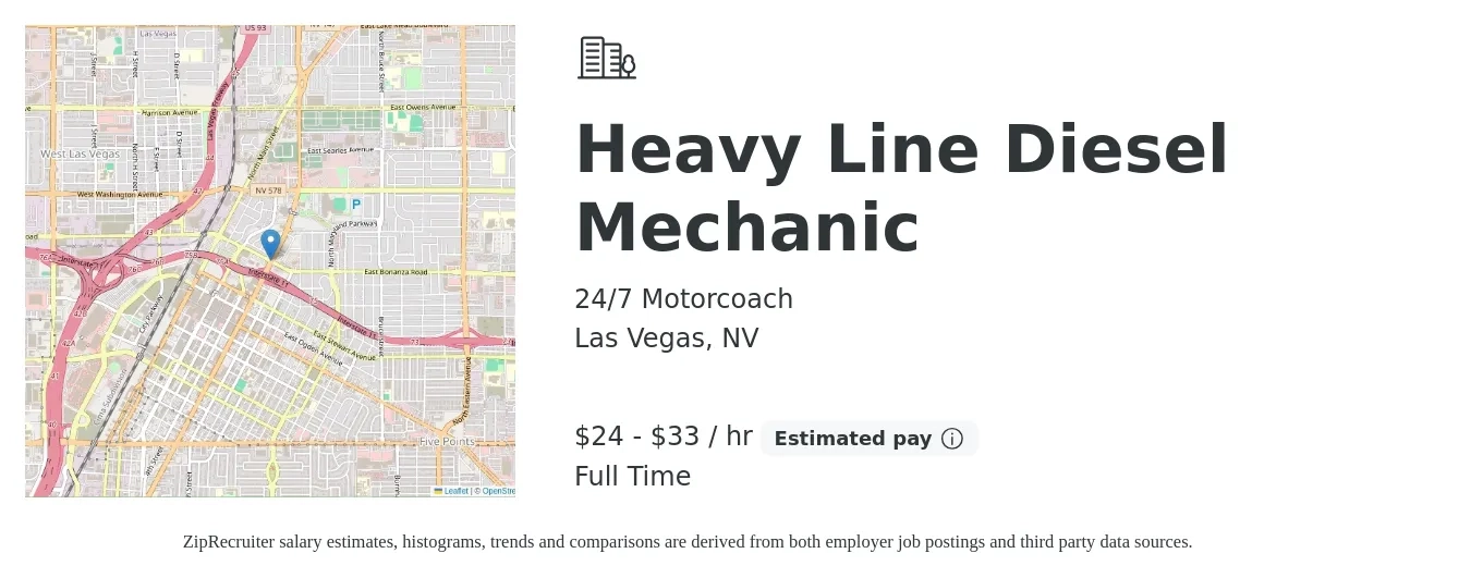 24/7 Motorcoach job posting for a Heavy Line Diesel Mechanic in Las Vegas, NV with a salary of $25 to $35 Hourly with a map of Las Vegas location.
