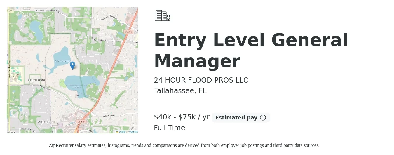 24 HOUR FLOOD PROS LLC job posting for a Entry Level General Manager in Tallahassee, FL with a salary of $40,000 to $75,000 Yearly with a map of Tallahassee location.