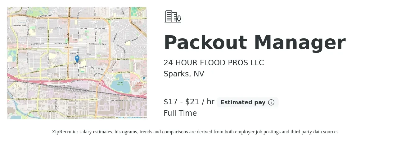 24 HOUR FLOOD PROS LLC job posting for a Packout Manager in Sparks, NV with a salary of $18 to $22 Hourly with a map of Sparks location.