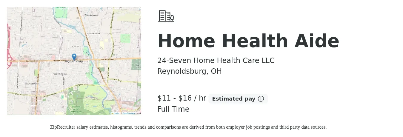 24-Seven Home Health Care LLC job posting for a Home Health Aide in Reynoldsburg, OH with a salary of $12 to $17 Hourly with a map of Reynoldsburg location.