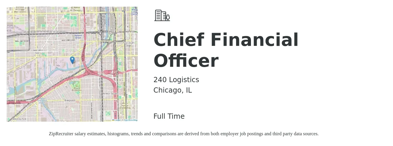 240 Logistics job posting for a Chief Financial Officer in Chicago, IL with a salary of $145,400 to $412,400 Yearly with a map of Chicago location.