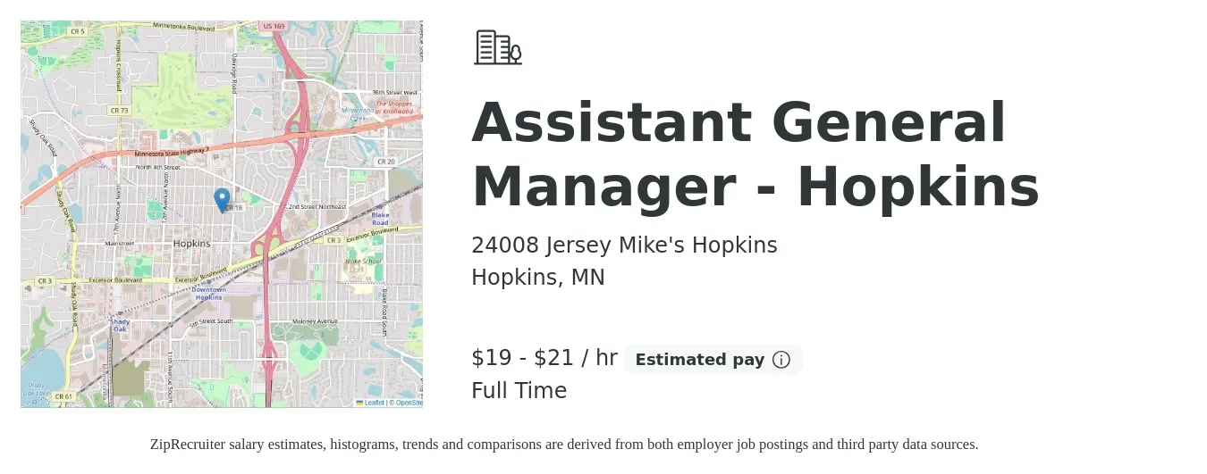24008 Jersey Mike's Hopkins job posting for a Assistant General Manager - Hopkins in Hopkins, MN with a salary of $20 to $22 Hourly with a map of Hopkins location.