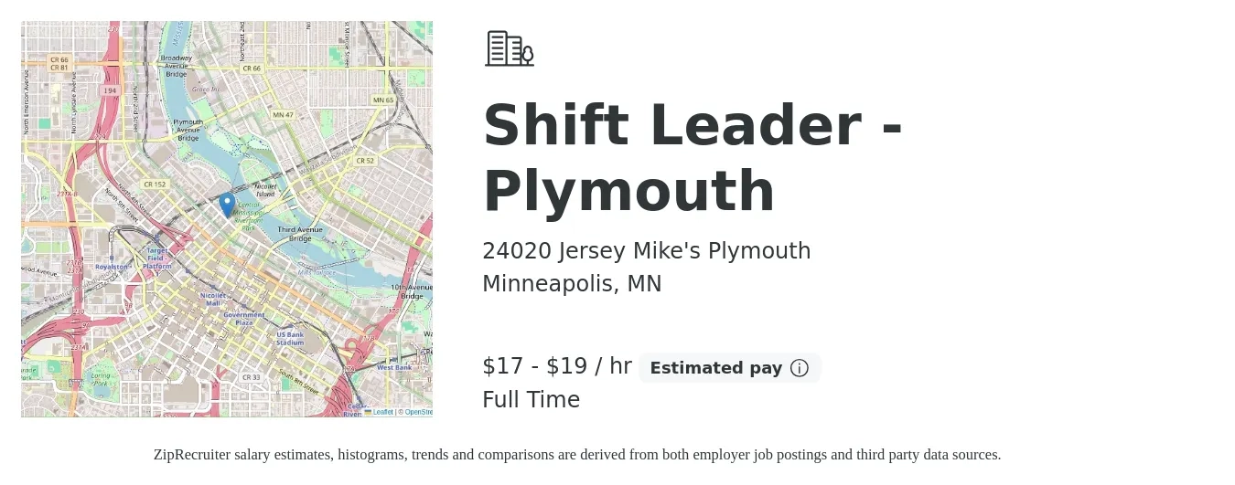 24020 Jersey Mike's Plymouth job posting for a Shift Leader - Plymouth in Minneapolis, MN with a salary of $18 to $20 Hourly with a map of Minneapolis location.
