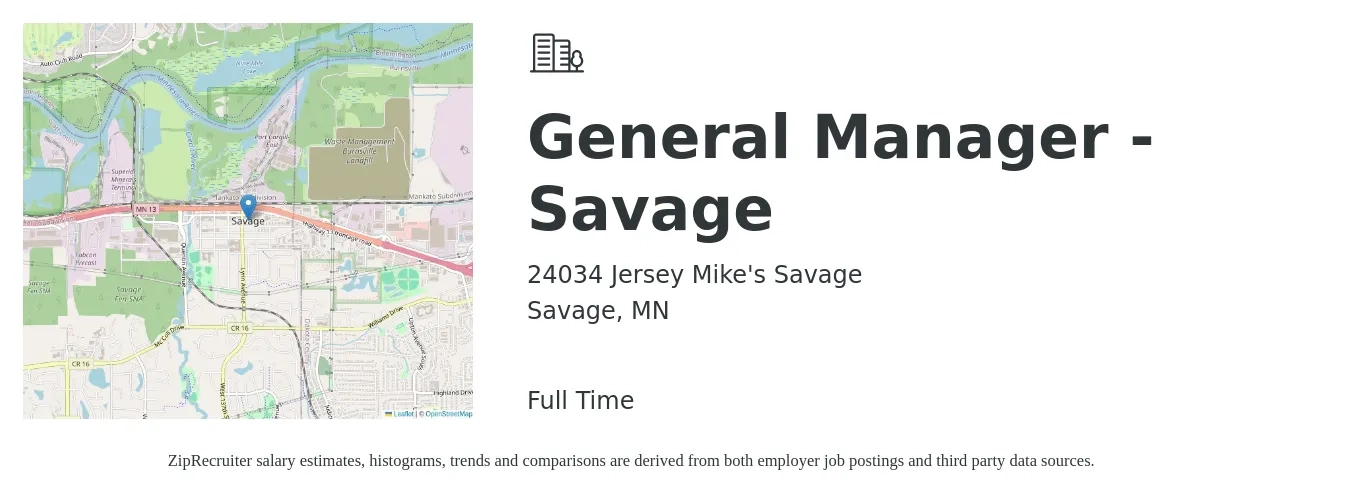 24034 Jersey Mike's Savage job posting for a General Manager - Savage in Savage, MN with a salary of $18 to $20 Hourly with a map of Savage location.