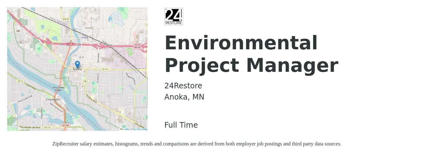 24Restore job posting for a Environmental Project Manager in Anoka, MN with a salary of $110 Hourly with a map of Anoka location.