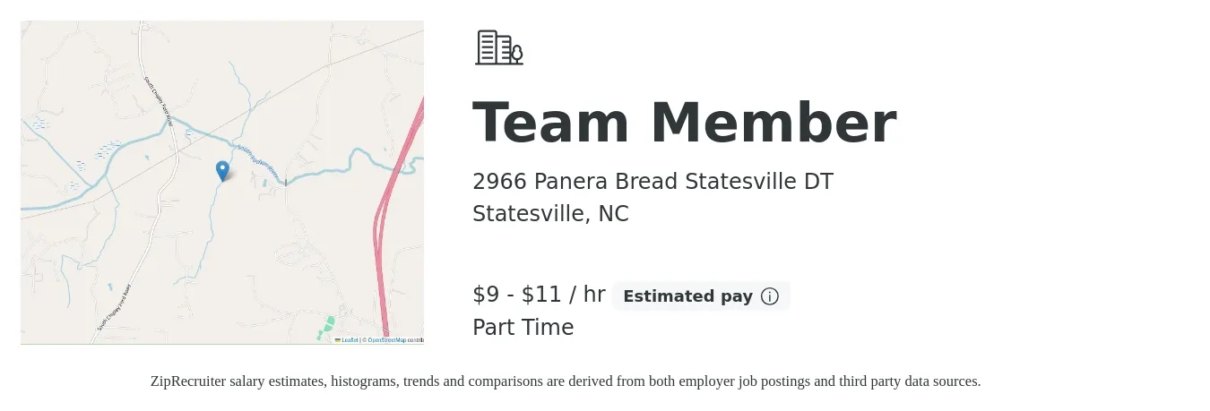 2966 Panera Bread Statesville DT job posting for a Team Member in Statesville, NC with a salary of $9 to $11 Hourly with a map of Statesville location.