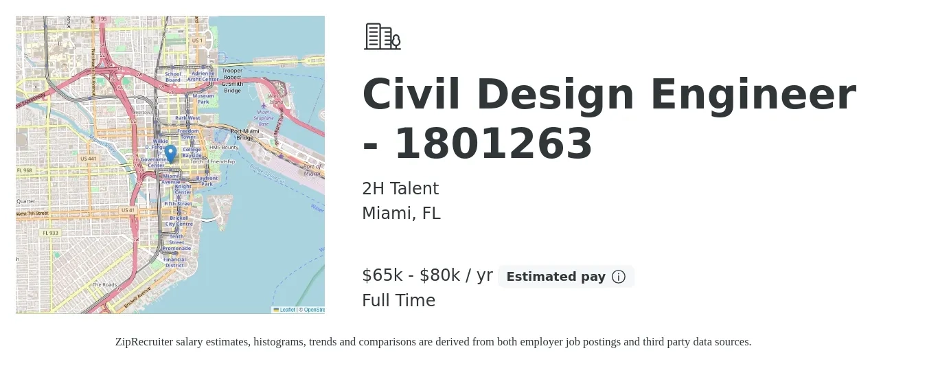 2H Talent job posting for a Civil Design Engineer - 1801263 in Miami, FL with a salary of $65,000 to $80,000 Yearly with a map of Miami location.