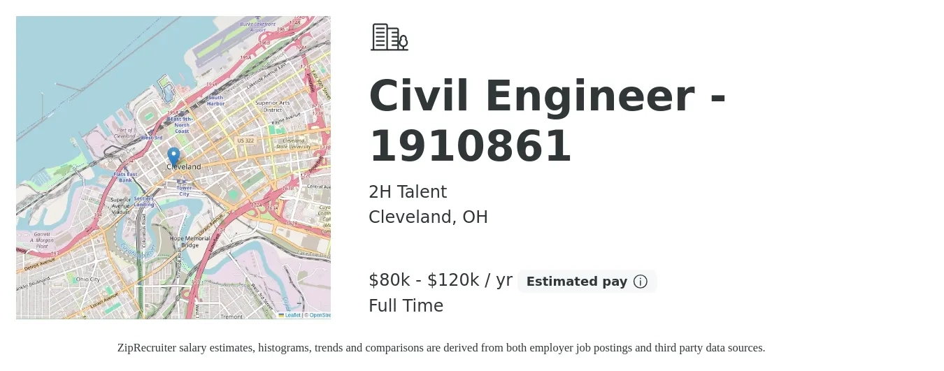 2H Talent job posting for a Civil Engineer - 1910861 in Cleveland, OH with a salary of $80,000 to $120,000 Yearly with a map of Cleveland location.