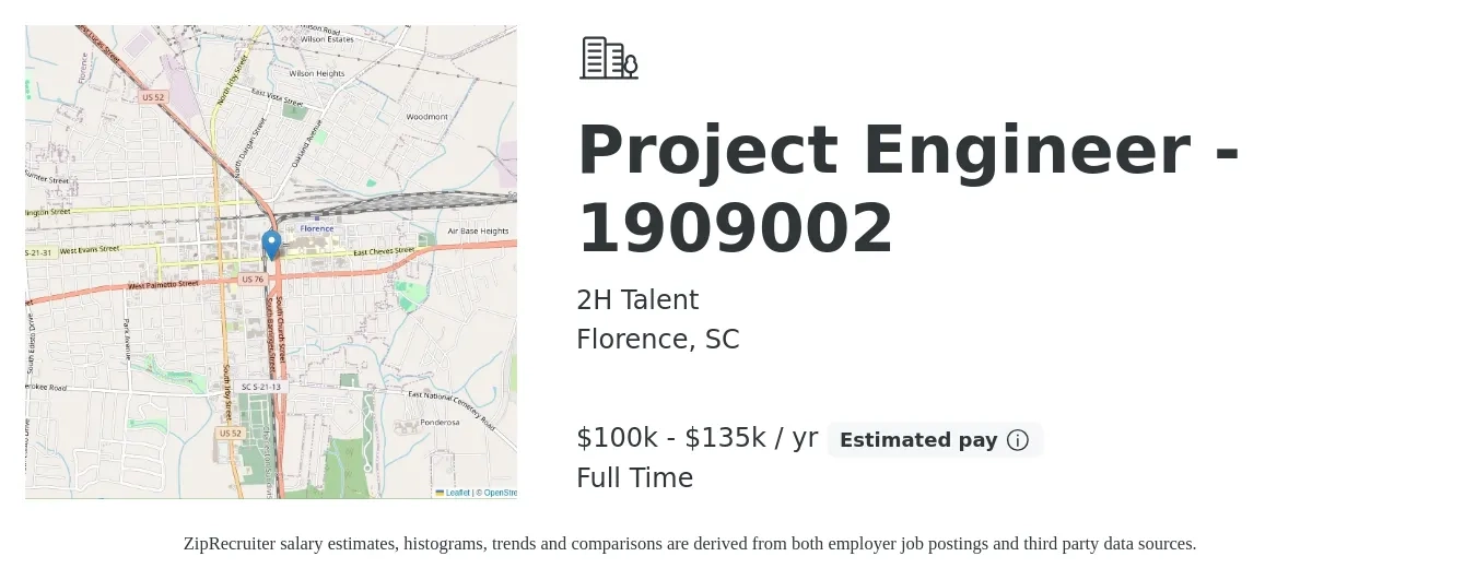 2H Talent job posting for a Project Engineer - 1909002 in Florence, SC with a salary of $100,000 to $135,000 Yearly with a map of Florence location.