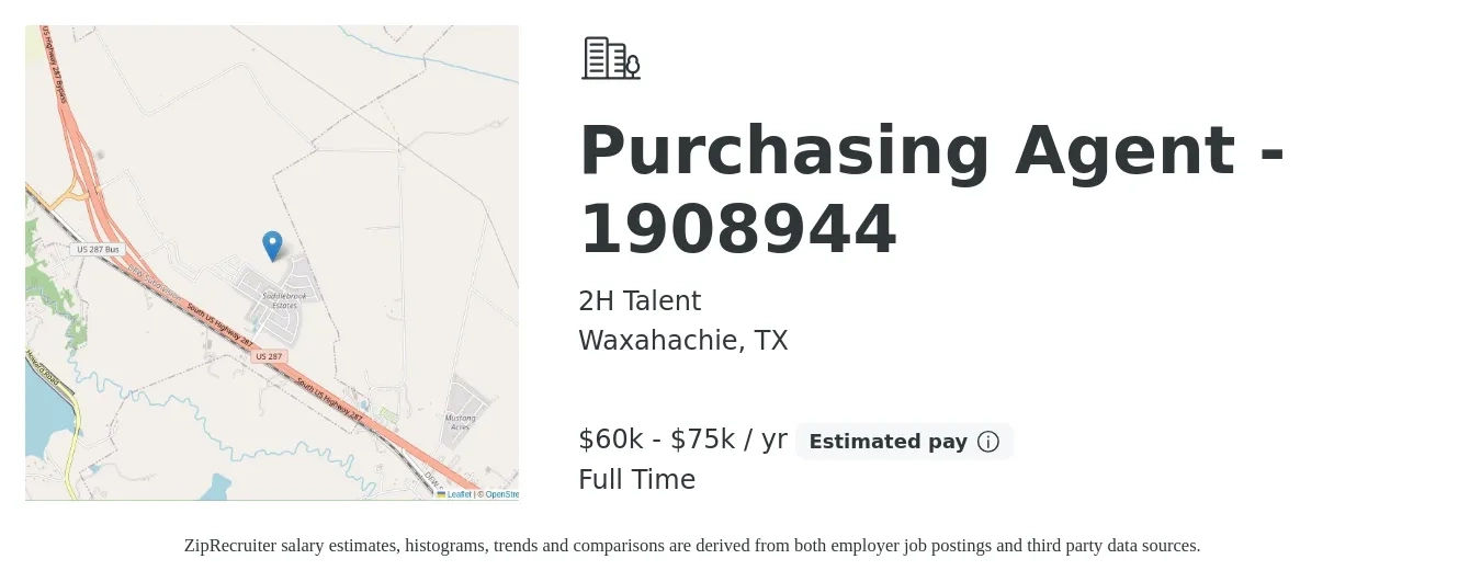 2H Talent job posting for a Purchasing Agent - 1908944 in Waxahachie, TX with a salary of $60,000 to $75,000 Yearly with a map of Waxahachie location.