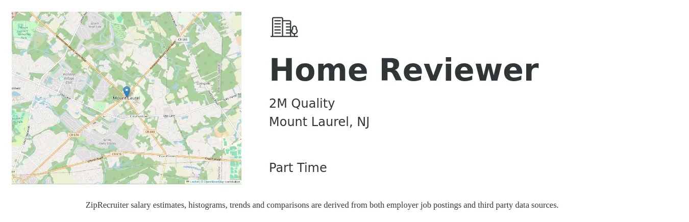 2M Quality job posting for a Home Reviewer in Mount Laurel, NJ with a salary of $23 to $38 Hourly with a map of Mount Laurel location.