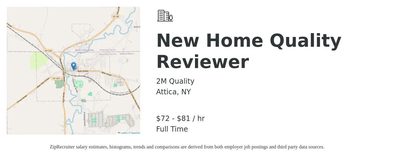 2M Quality job posting for a New Home Quality Reviewer in Attica, NY with a salary of $75 to $85 Hourly with a map of Attica location.